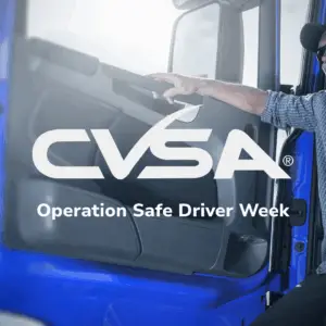 CVSA Operation Safe Driver Week Blog cover image showing logo and inside of blue truck cab