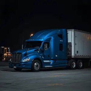 Blue Truck sitting in rest stop. Key image in blog about idle timer regulations.