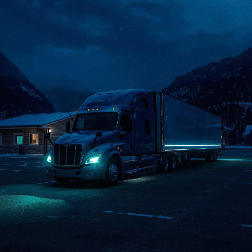 Why Fuel waste costs triple in 2026: Image showing truck at a rest stop at night.