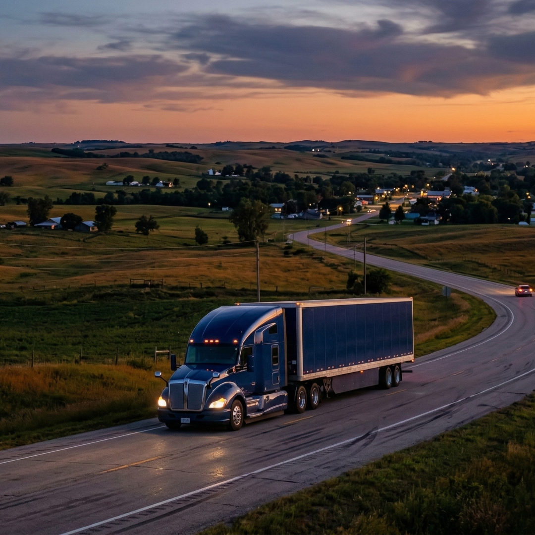 Idle Smart cover image for march blog on on Spot Rates. Truck driving on rural highway with town in the background.
