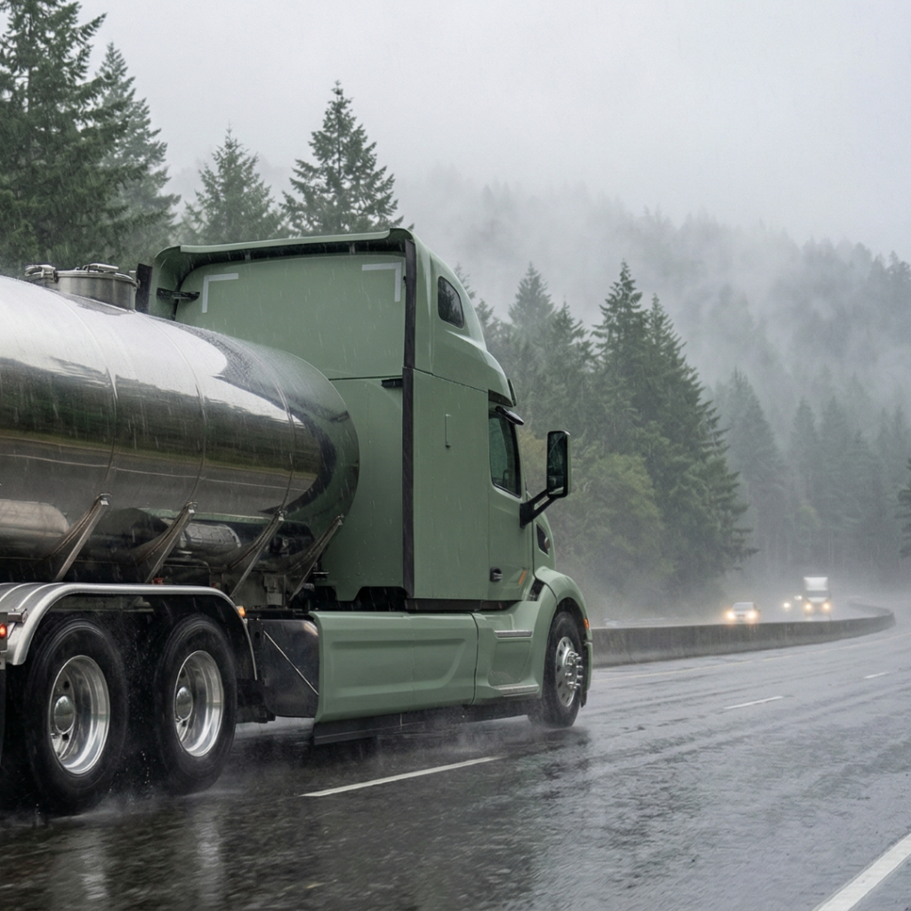 sage green tanker trucks driving on rainy highway