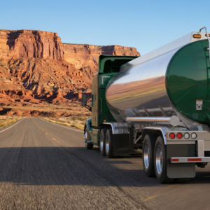 Tanker Trucks: back view of green tanker truck driving down highway with red rocky background