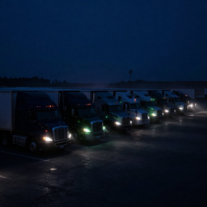 Emissions Standards Header Image of Semi trucks lined up in dark blue night
