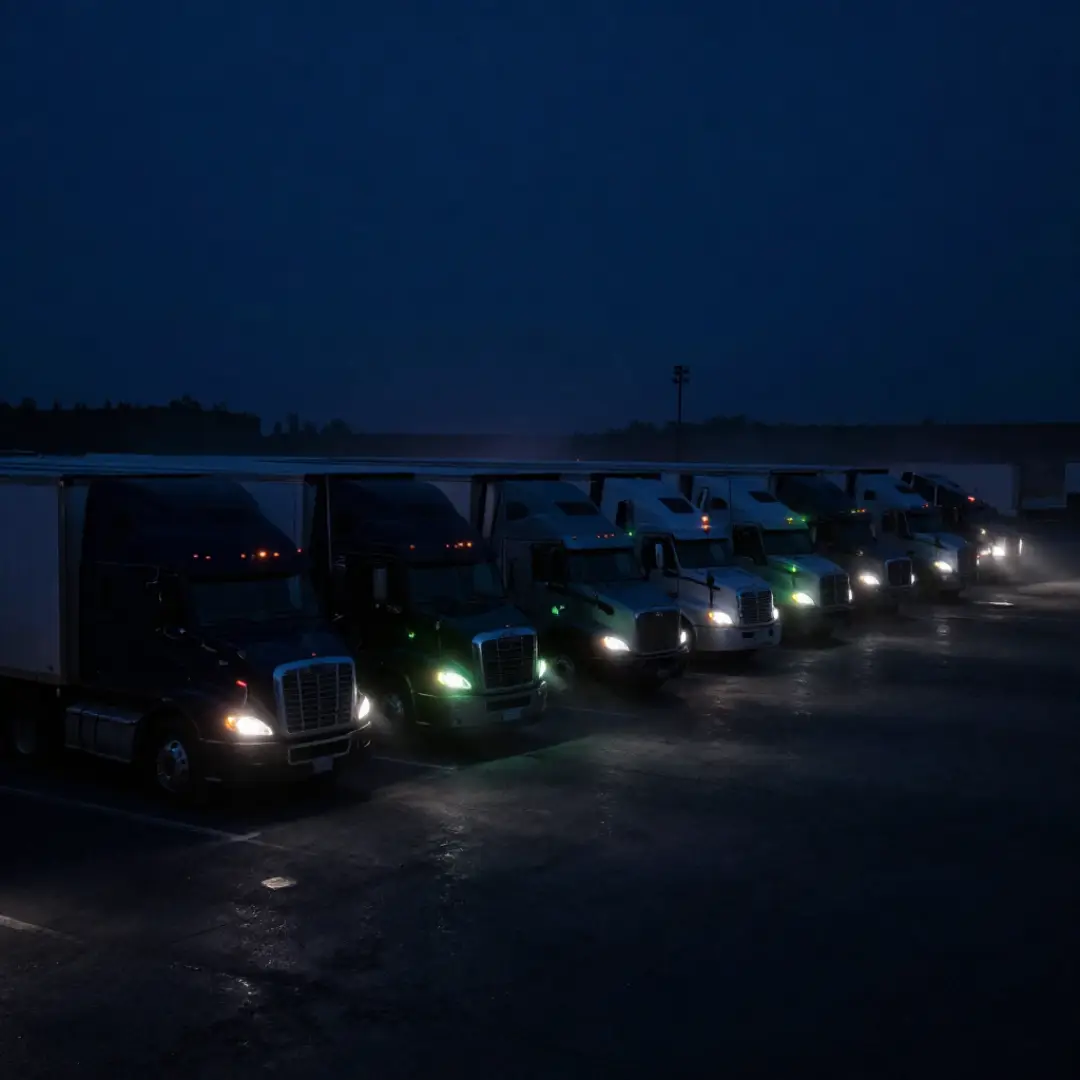 Emissions Standards Header Image of Semi trucks lined up in dark blue night
