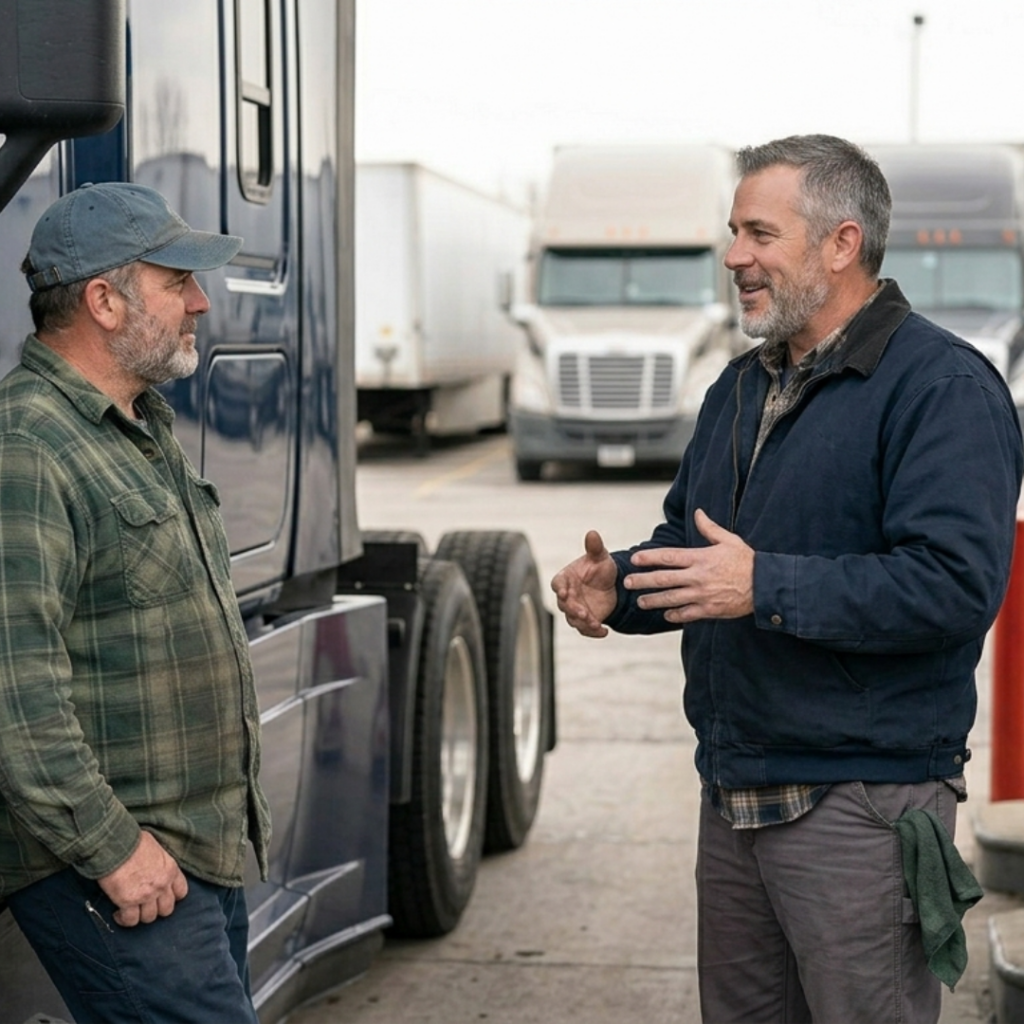 Driver and Maintenance leader talking about pre trip inspection specifics in front of blue truck