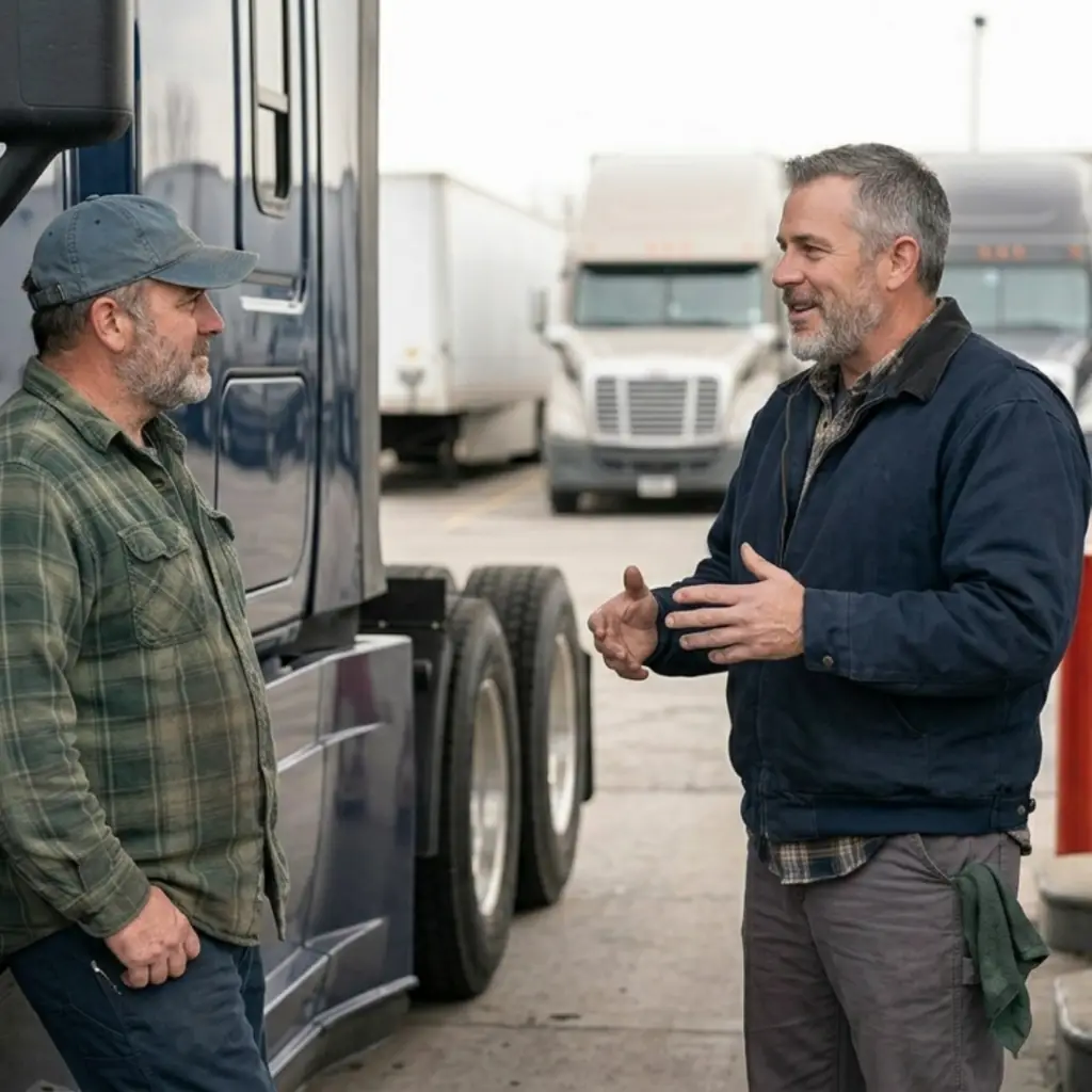 Driver and Maintenance leader talking about pre trip inspection specifics in front of blue truck