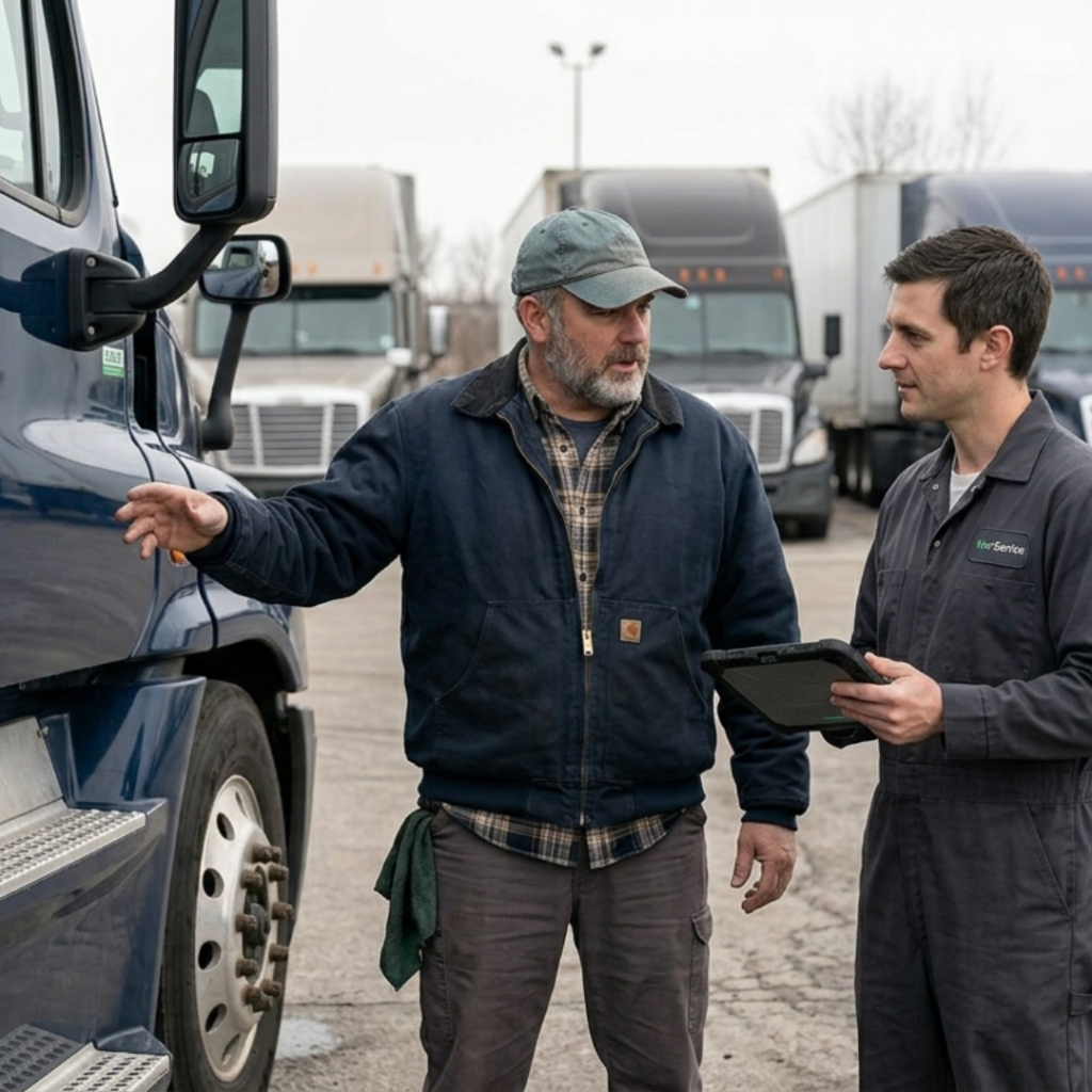 Idle Management guide image showing a driver and a technician speaking in front of a dark blue truck