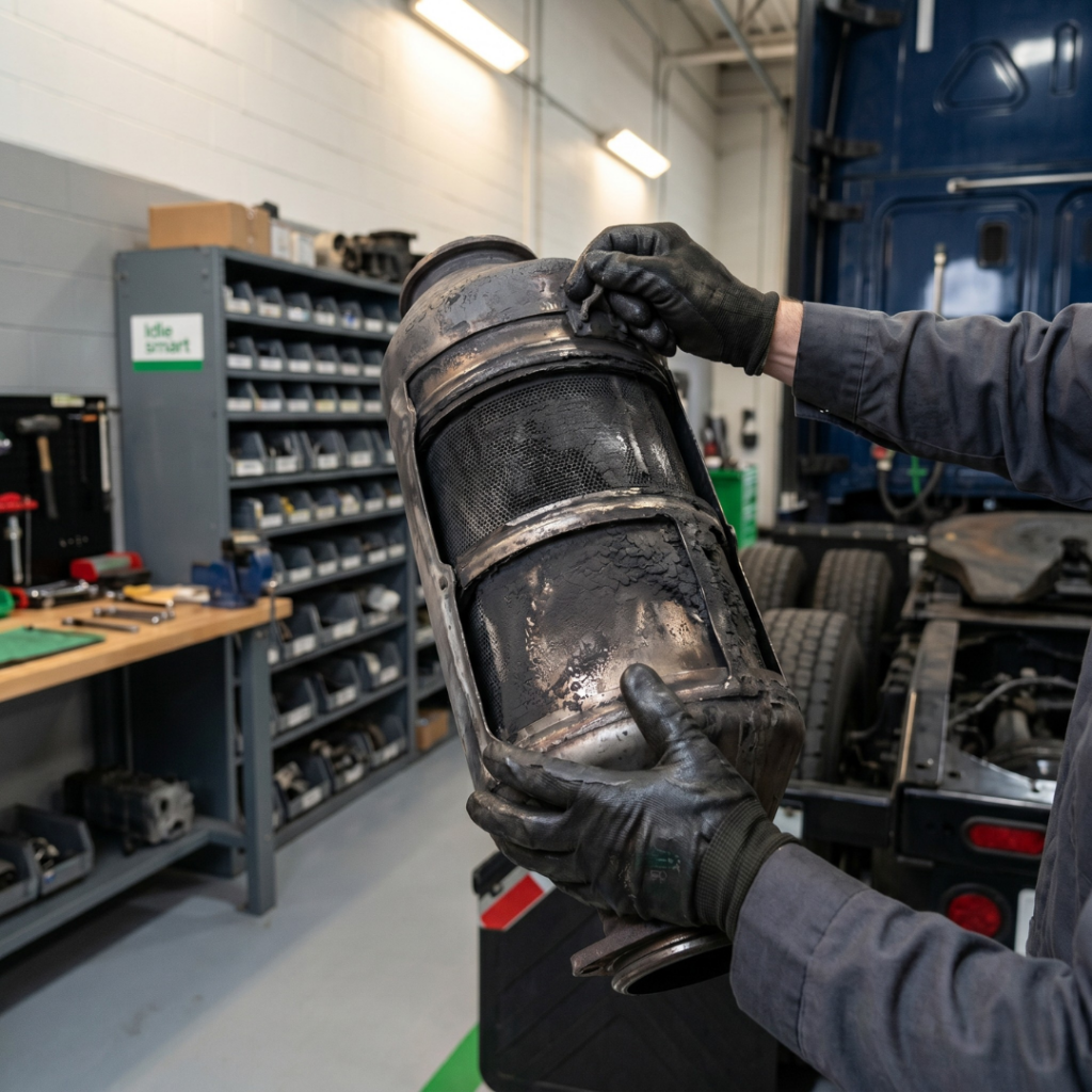 Idle Management blog image showing a clogged DPF filter from a class 8 truck 