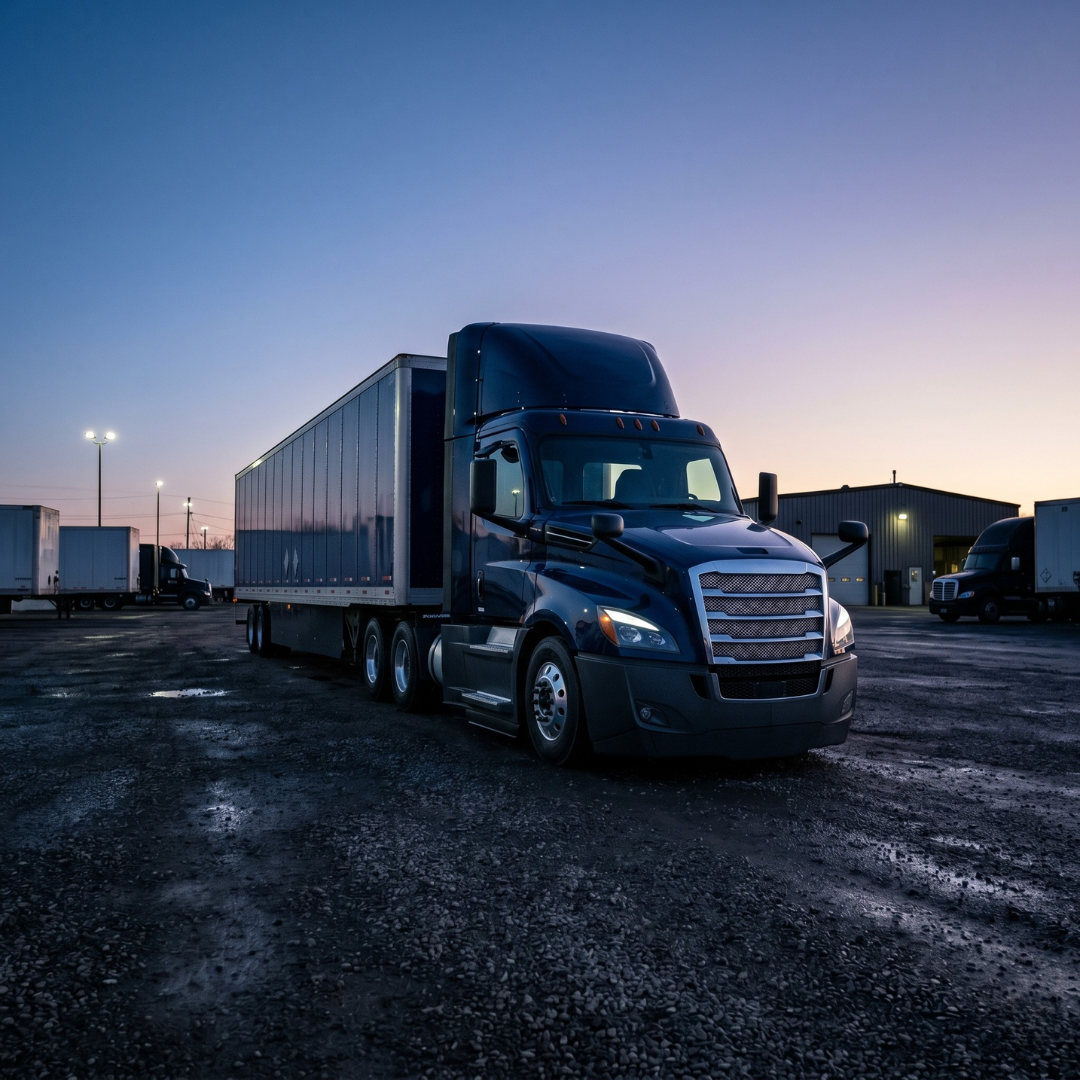 Cover image of blue Daycab truck in yard