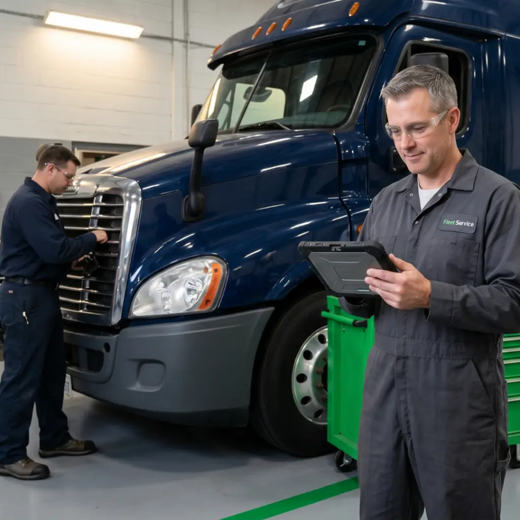 Idle Management Guide Image showing Blue truck being worked on by tech team