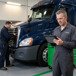 Idle Management Guide Image showing Blue truck being worked on by tech team