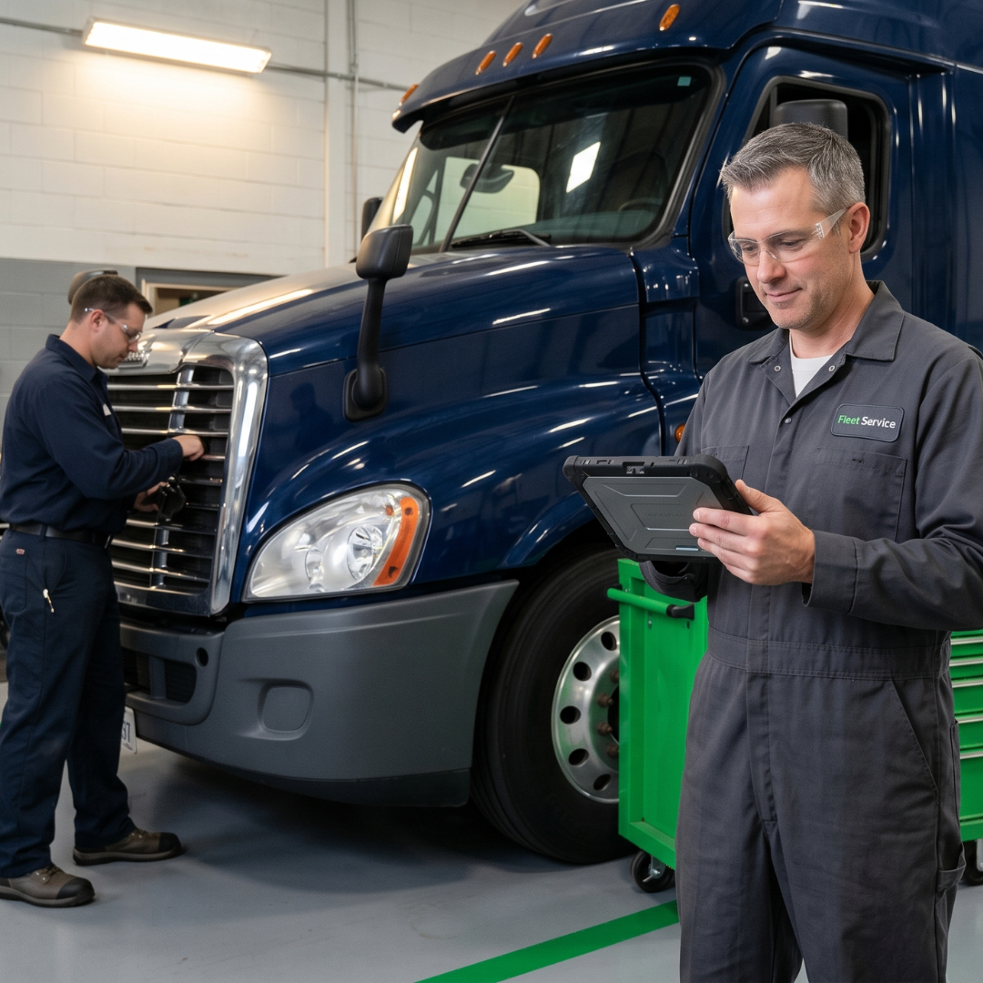 Idle Management Guide Image showing Blue truck being worked on by tech team
