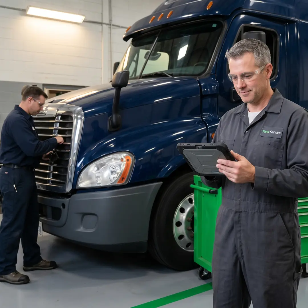 Idle Management Guide Image showing Blue truck being worked on by tech team