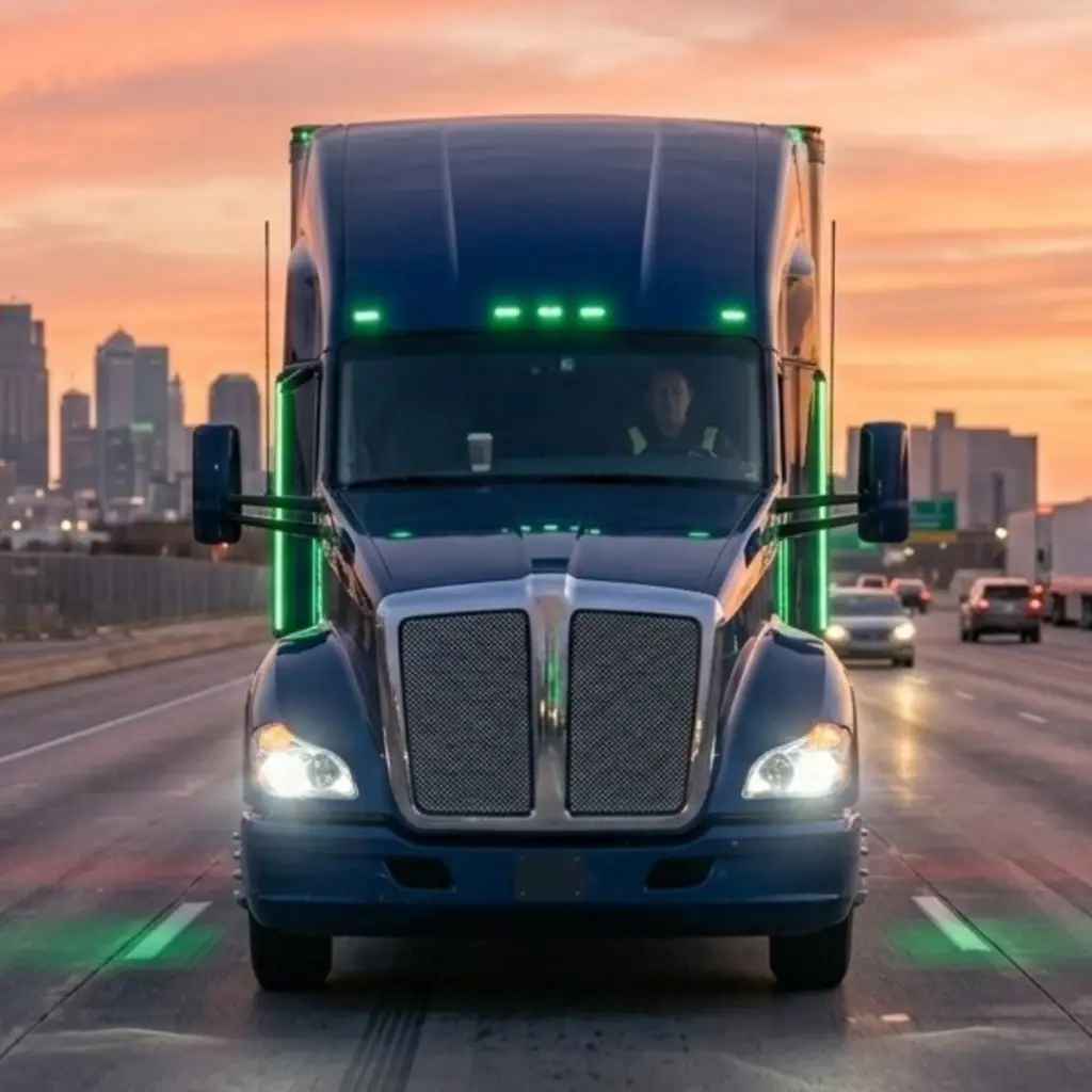AI Blog Header image of Controlling Peak Season fuel use. Shows blue semi driving toward camera, straight on, on the highway with other vehicles in a city.