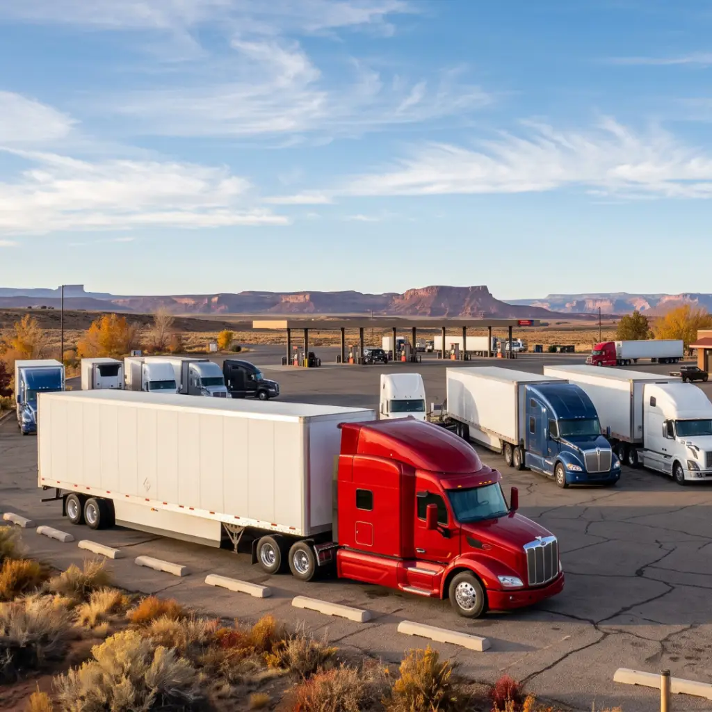 Truck idling laws by state cover image showing semi trucks at a rest stop
