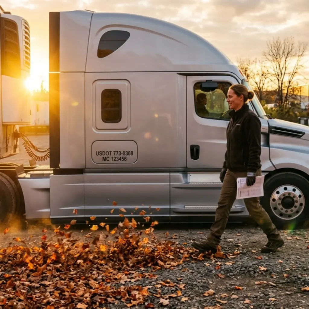 Prepare for fall image cover showing gray semi truck and person walking by in in fall light.