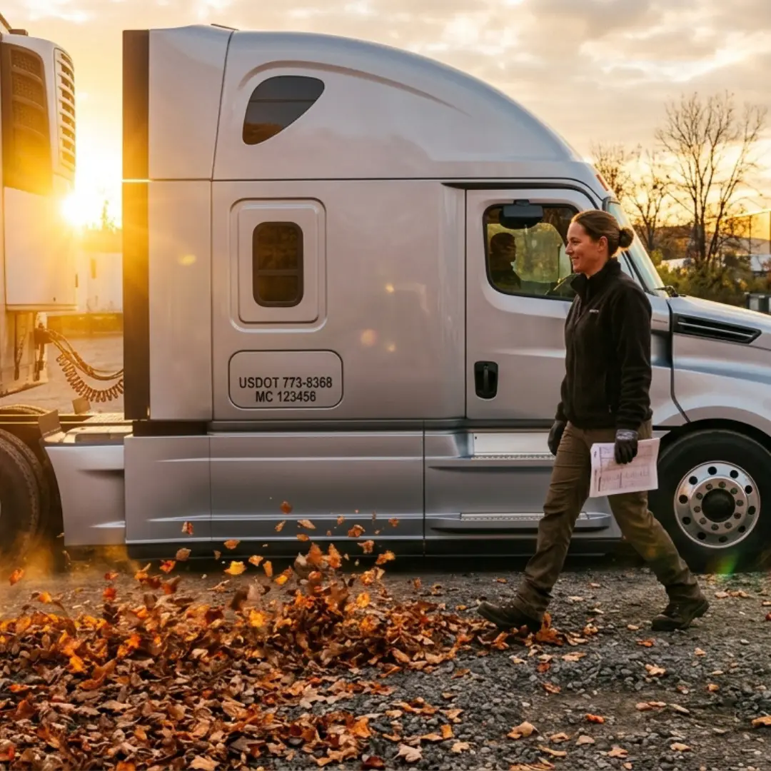 Prepare for fall image cover showing gray semi truck and person walking by in in fall light.