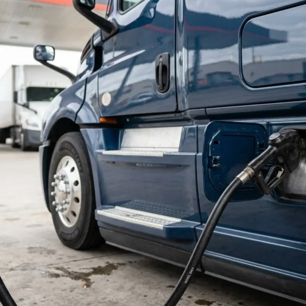 Diesel Costs blog - Image of blue semi truck getting fueled up.
