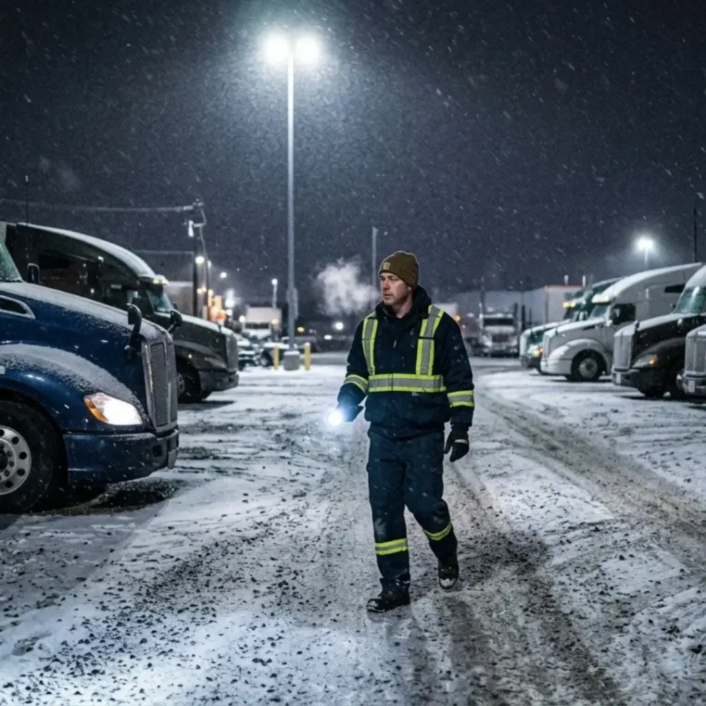 Technician conducting battery management/battery checks in the truck yard at 2 am in the winter cold cold