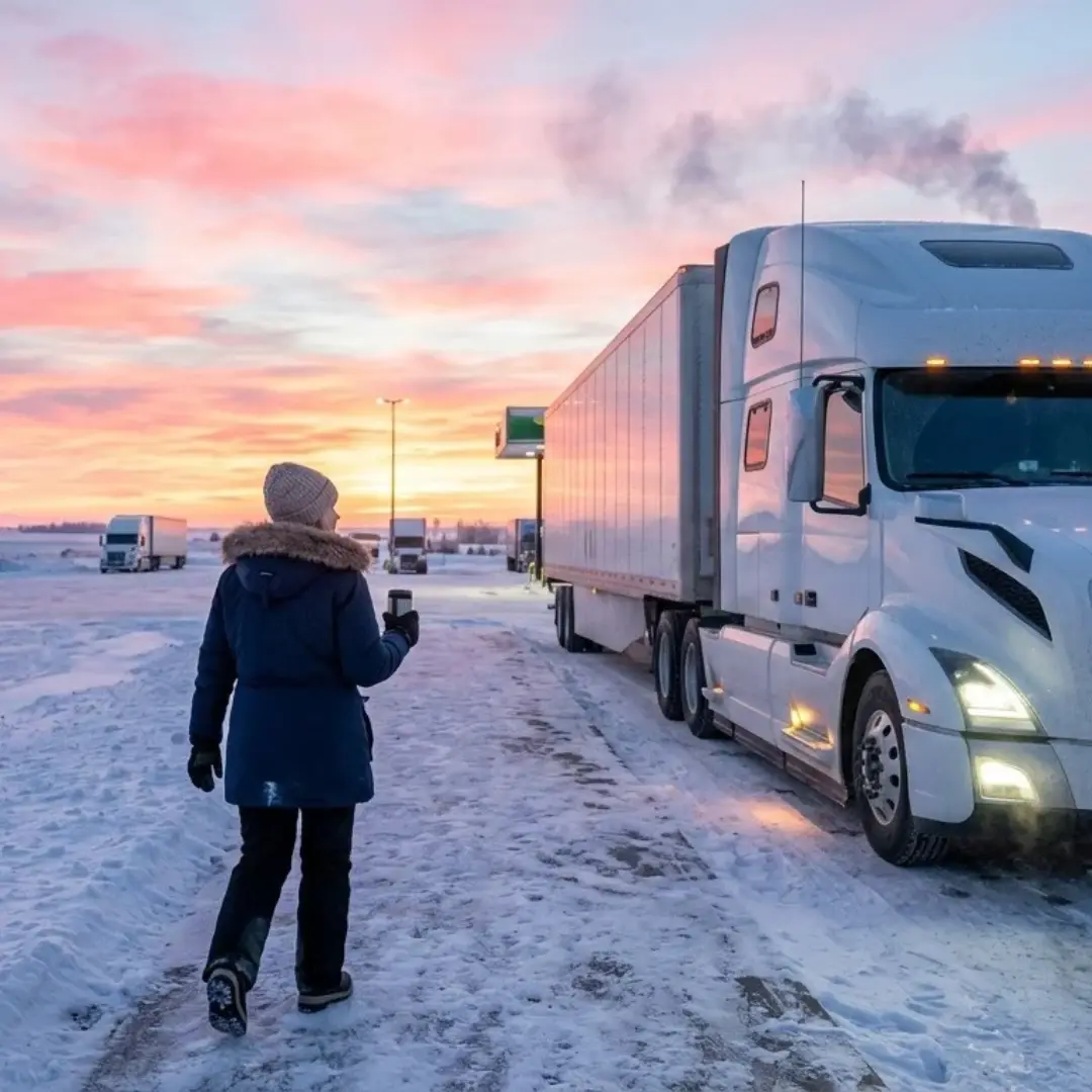 Battery Management Guide blog image cover showing woman holding coffee walking out to her white semi truck and trailer in a cold midwest truckstop